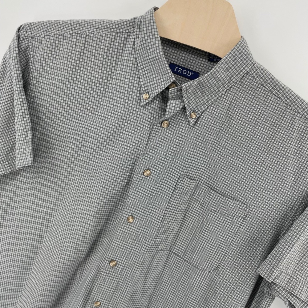 IZOD Mens XL Short Sleeve Button Down Shirt Grey White Micro Grid Cotton